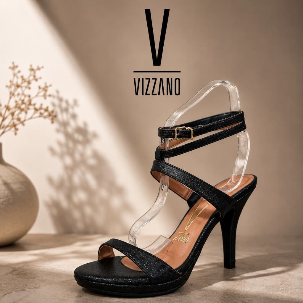 Sandália Feminina Vizzano Slato Fino 11cm - Festa  - Meia Pata - Brilho - Preto