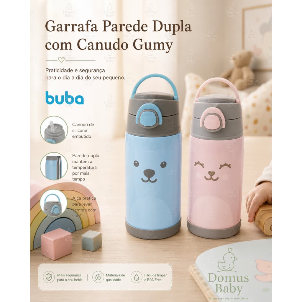 Garrafa Térmica Infantil Buba Gumy 400ml Inox com Canudo Silicone