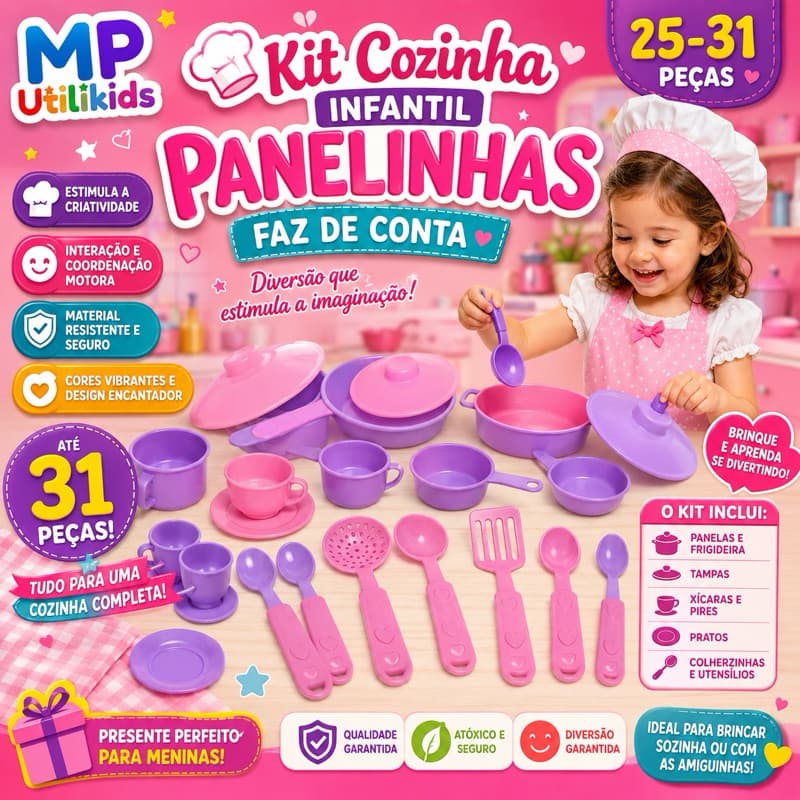 Kit Cozinha Brinquedo Infantil Panelinhas 25 - 31 Pçs Xícaras Colherzinha Faz de Conta Menina