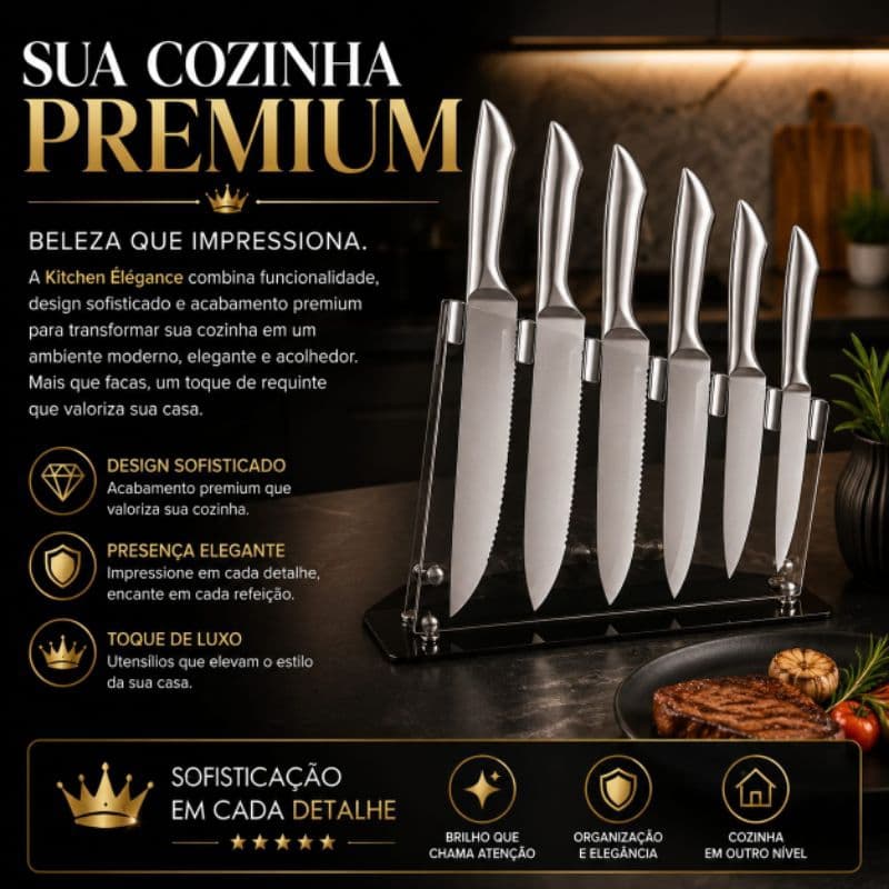 Kit 6 Facas Kitchen Élégance Inox Premium Ultra Afiadas Cozinha Gourmet