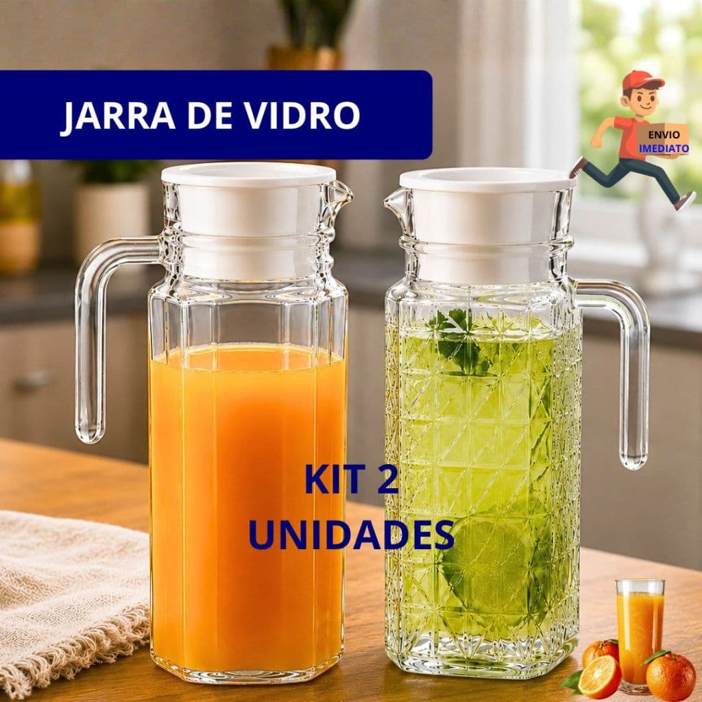 Jogo Com 2 Jarras De Vidro Suiça Transparente 1 Litro Com Tampa Brancas Ideal Para Bebidas