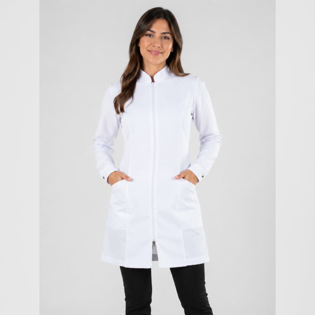 Jaleco Feminino Oxford Manga Longa Acinturado Gola Padre Com Zíper Saúde Estética