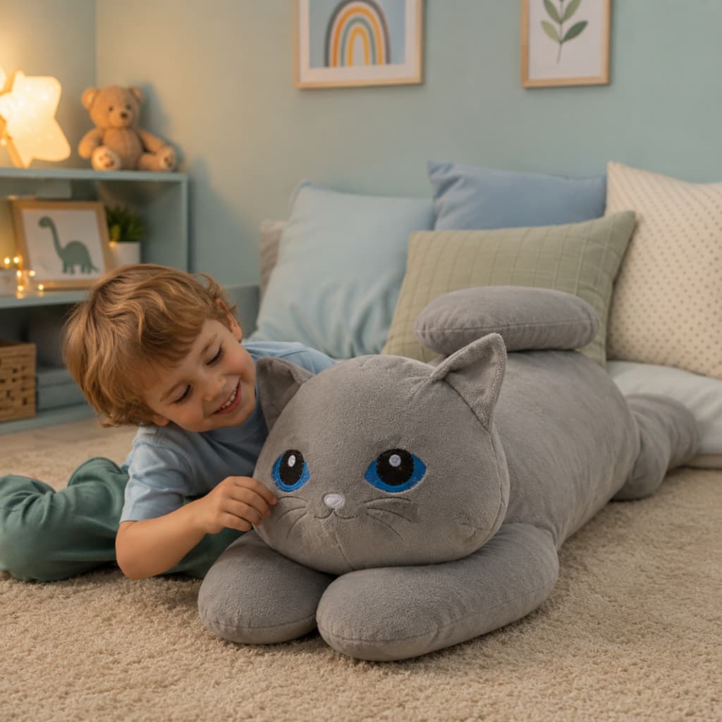 Xuxão Gato Gigante 1,10m Travesseiro Corpo Pelúcia Velboa Super Macio para Dormir e Abraçar