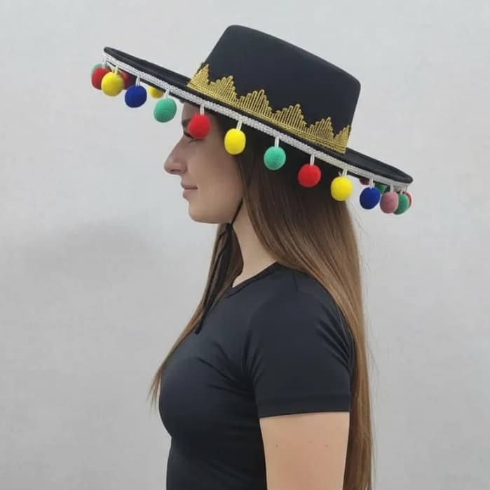 Chapéu Mexicano Preto De Feltro Com Bolinha Colorida
