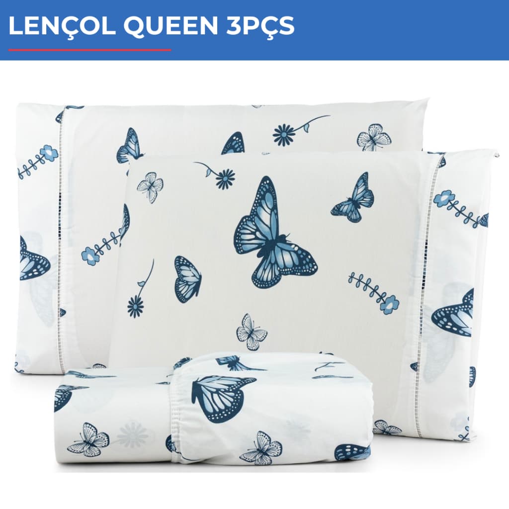 Jogo De Lençol Queen 3pçs Estampado 300 Fios C/ Elástico Borboletas Azul