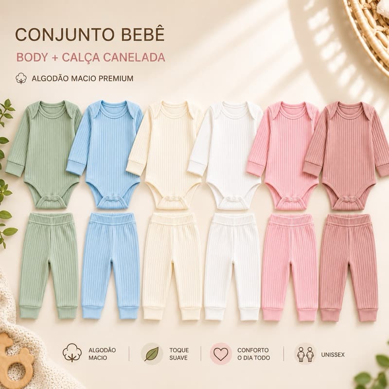 Conjunto Bebê Canelado Body Manga Longa + Calça 100% Algodão Unissex Enxoval RN
