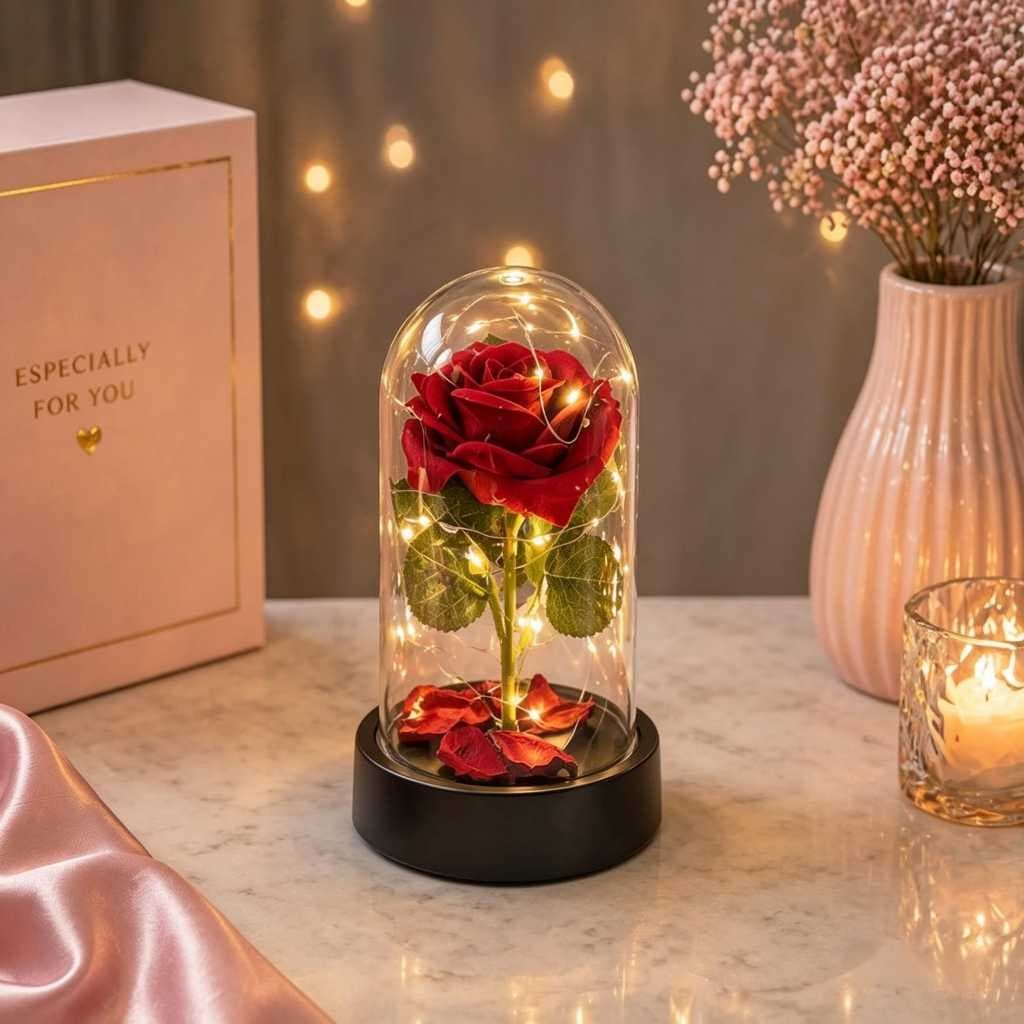 Cúpula Rosa Encantada com Luz LED - Flor Artificial Decorativa Estilo Bela e a Fera