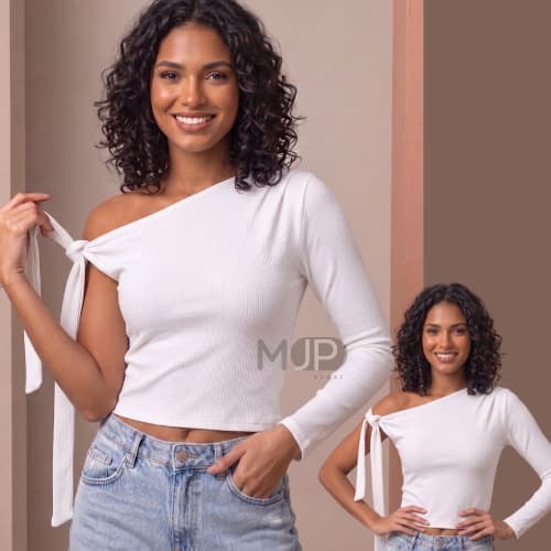 Blusa manga longa detalhe amarração ombro único cropped amarrar uma manga canelado moderna