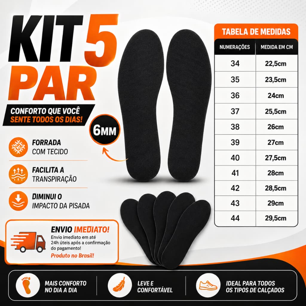 KIT 5 PAR DE PALMILHA EVA 6MM PARA TÊNIS,SAPATO,BOTA,CHUTEIRA,SAPATILHA MACIA,CONFORTAVEL FEMININO E MASCULINO DO 34-44