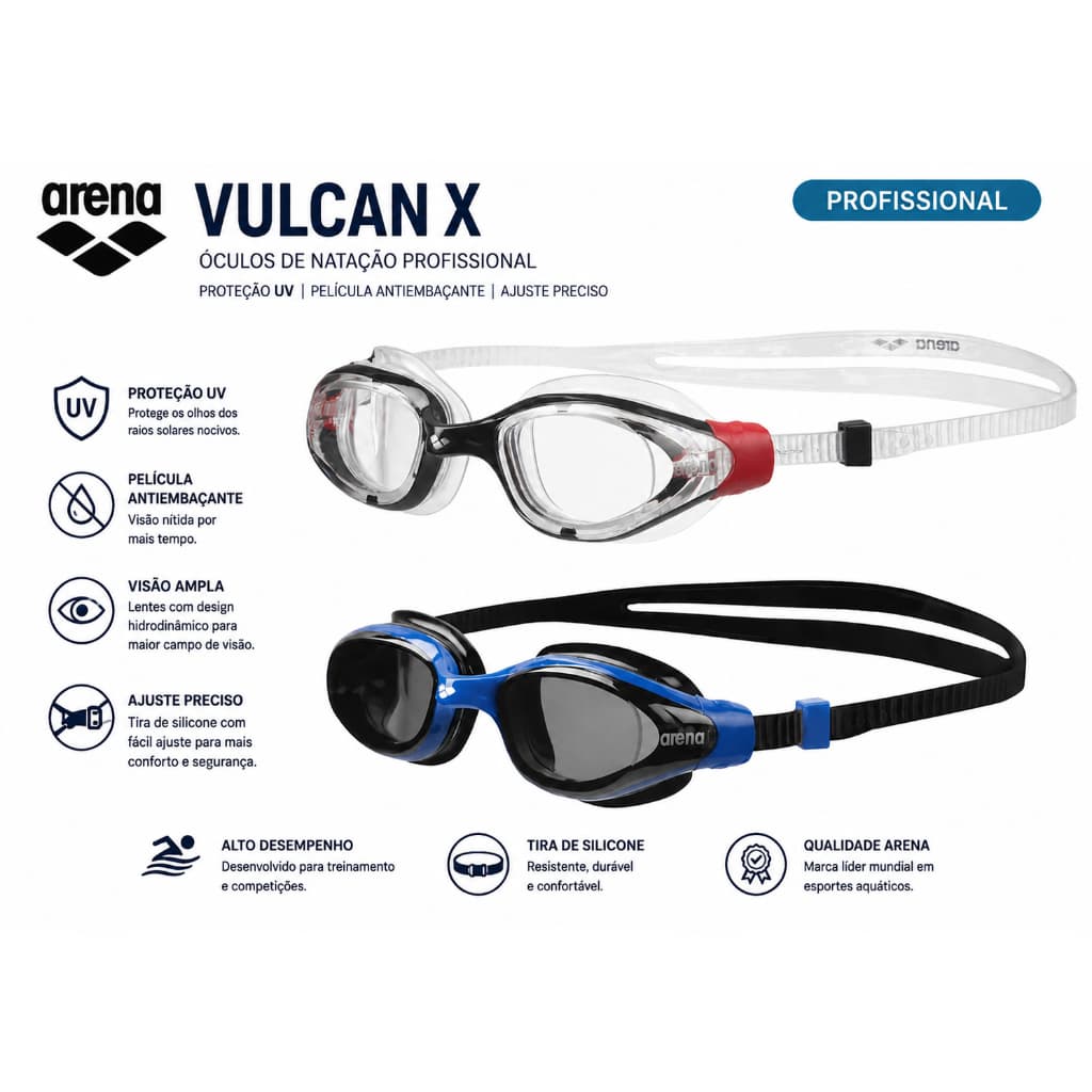 Óculos De Natação Profissional Arena Vulcan X Proteção UV Película Antiembaçante