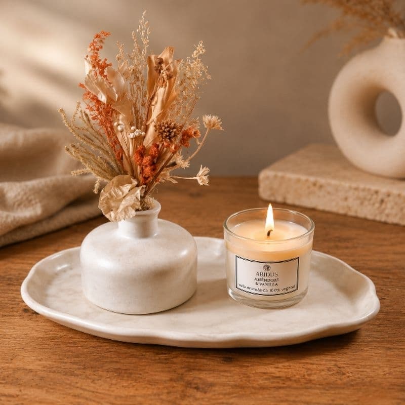 Kit Decorativo em Concreto Artesanal com Vela Aromática Bandeja Oval e Vaso para decoração sala