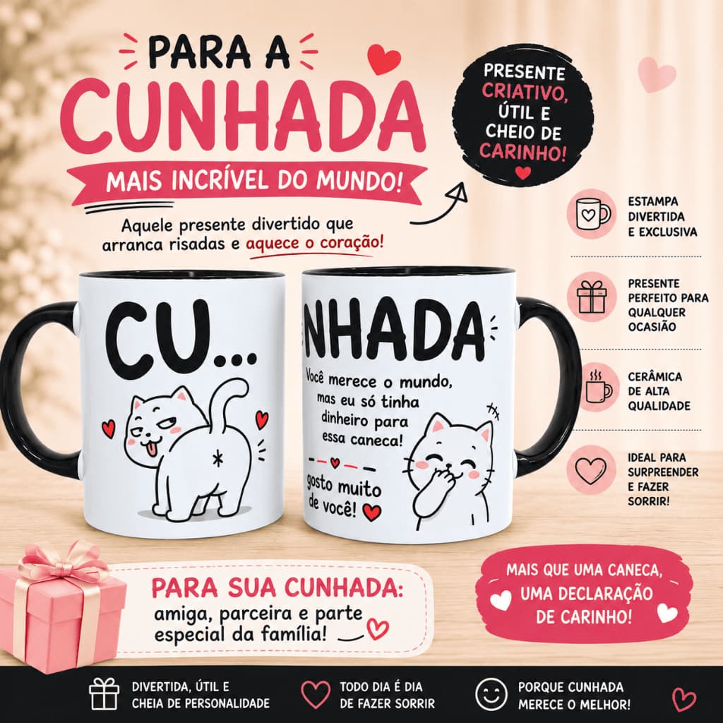 Caneca Divertida para Cunhada(o) Engraçada Presente Criativo Cerâmica 325ml com Frase Fofa e Gatinho