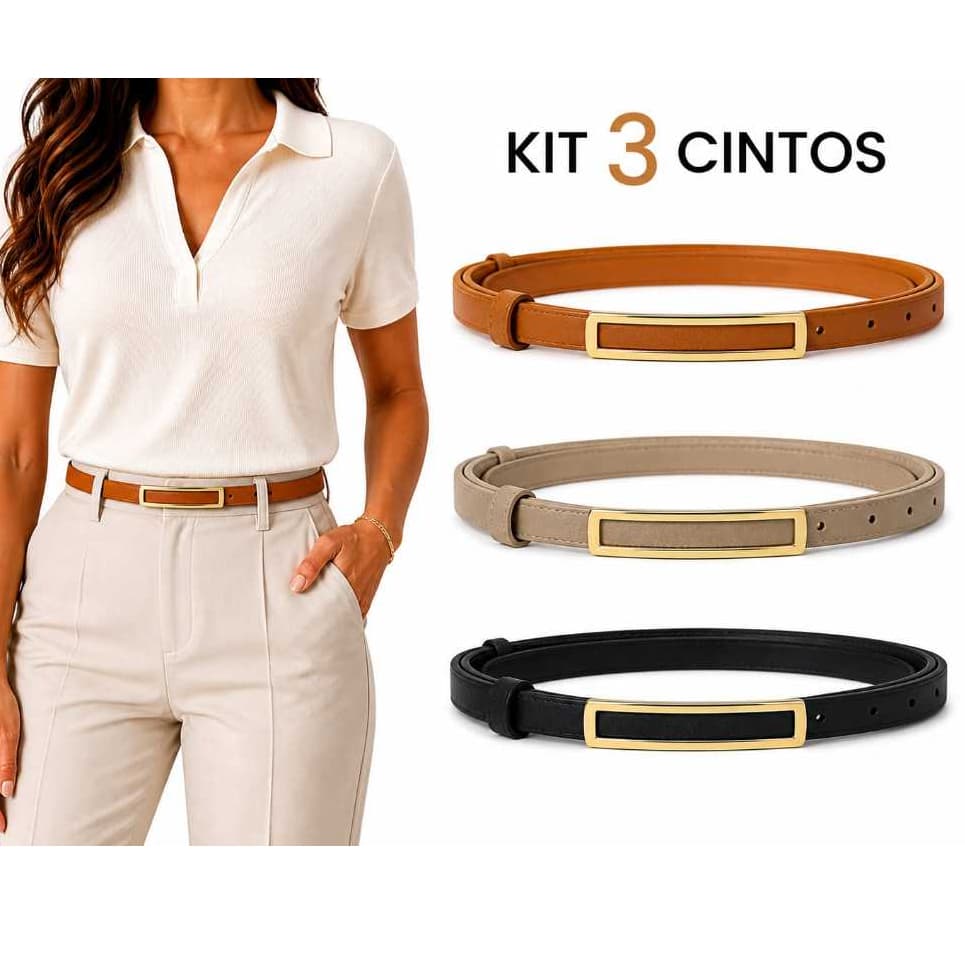 Kit 3 Cintos Feminino da Moda Ajustavel Com Fivela Retangular Dourada Estilosa Cinto Fino Premium Casual Promoção