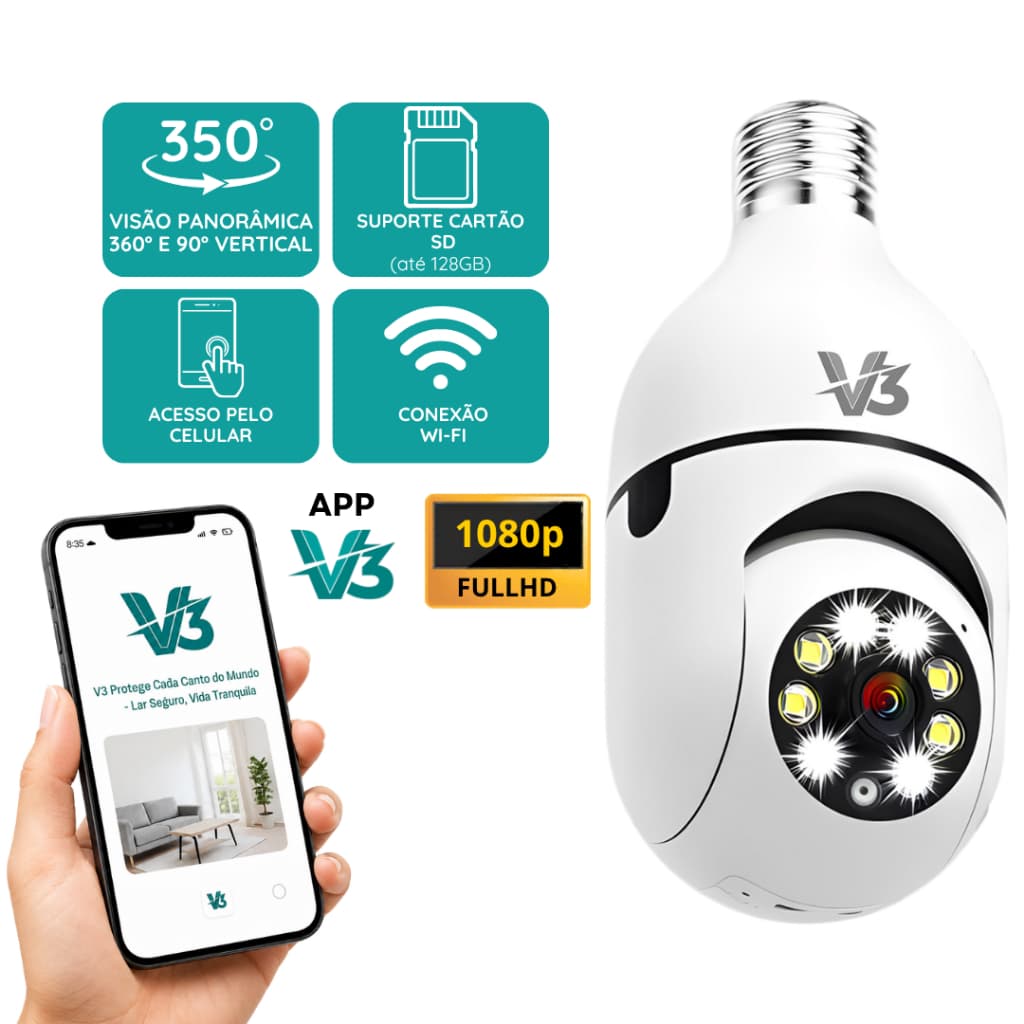 Câmera Segurança Lâmpada FullHD Wifi 350º 1080P 2MP Visão Noturna Colorida Bivolt Audio Bidirecional