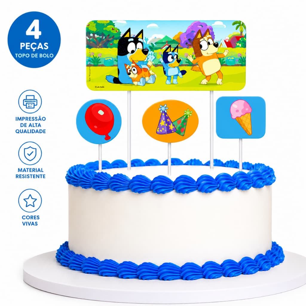 Topo topper de Bolo Bluey e Bingo Personalizado 4 Peças Envio Rápido