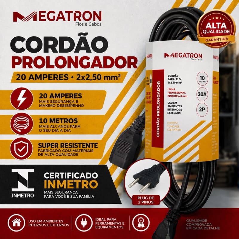 EXTENSÃO ELÉTRICA / CORDÃO PROLONGADOR MEGATRON 5 e 10 METROS INMETRO 20Amp