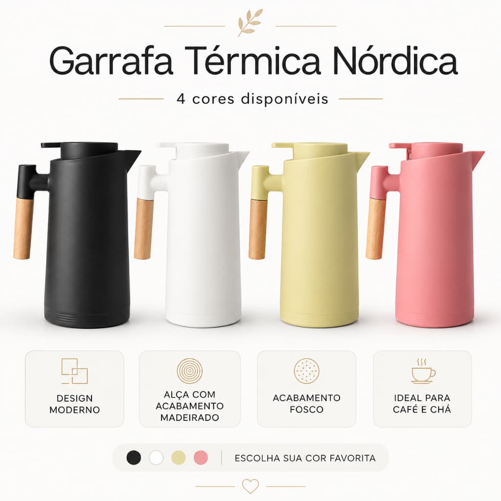 Garrafa Térmica Estilo Nórdico Design Moderno Com Alça De Madeira 4 Cores Premium