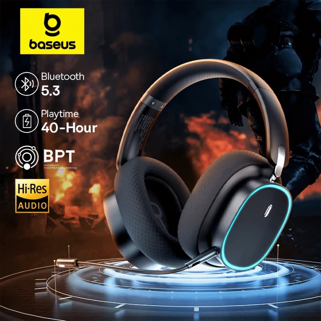 BASEUS GH02 Gaming Sem Fio 2.4G, Headphone Com Microfone Over-Ear Fones de Ouvido Bluetooth 5.3, RGB