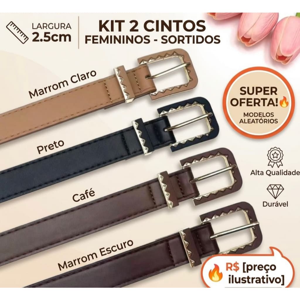 Kit com 2 Cintos Femininos Luxo 2,5cm Fivela Moderna Ajustável Modelos Sortidos
