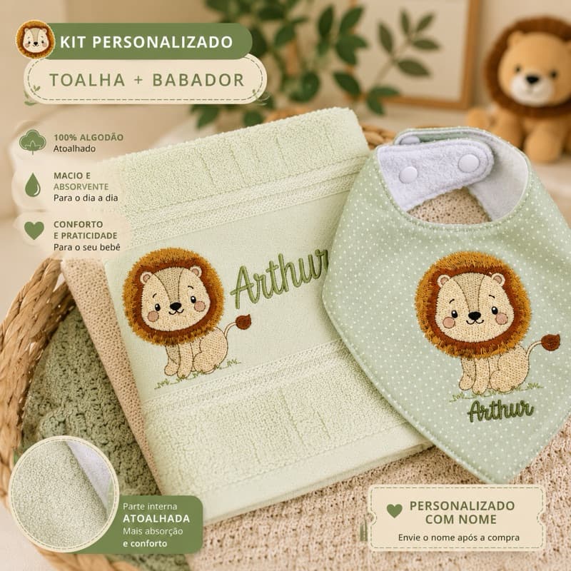 Kit Toalha + Babador Bandana Personalizado Safari Com Nome Bebê