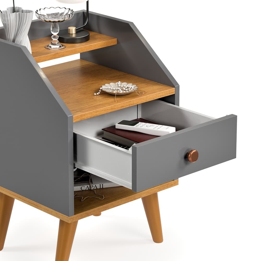 Mesa de Cabeceira Retrô Cinza com Gaveta e Nichos Decorativos