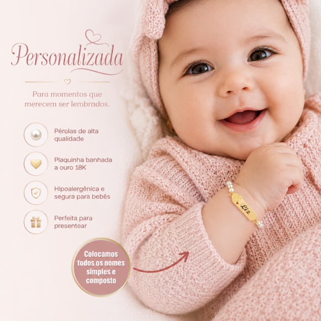 Pulseira de Crinça com Nome Garavado a Laser Perola  Ah199