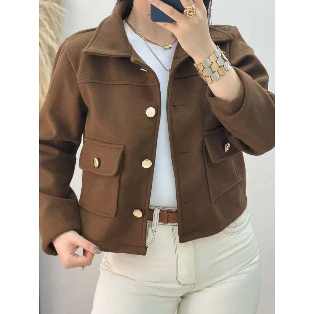 Jaqueta Feminina Moda Inverno Lã Batida Sofisticada