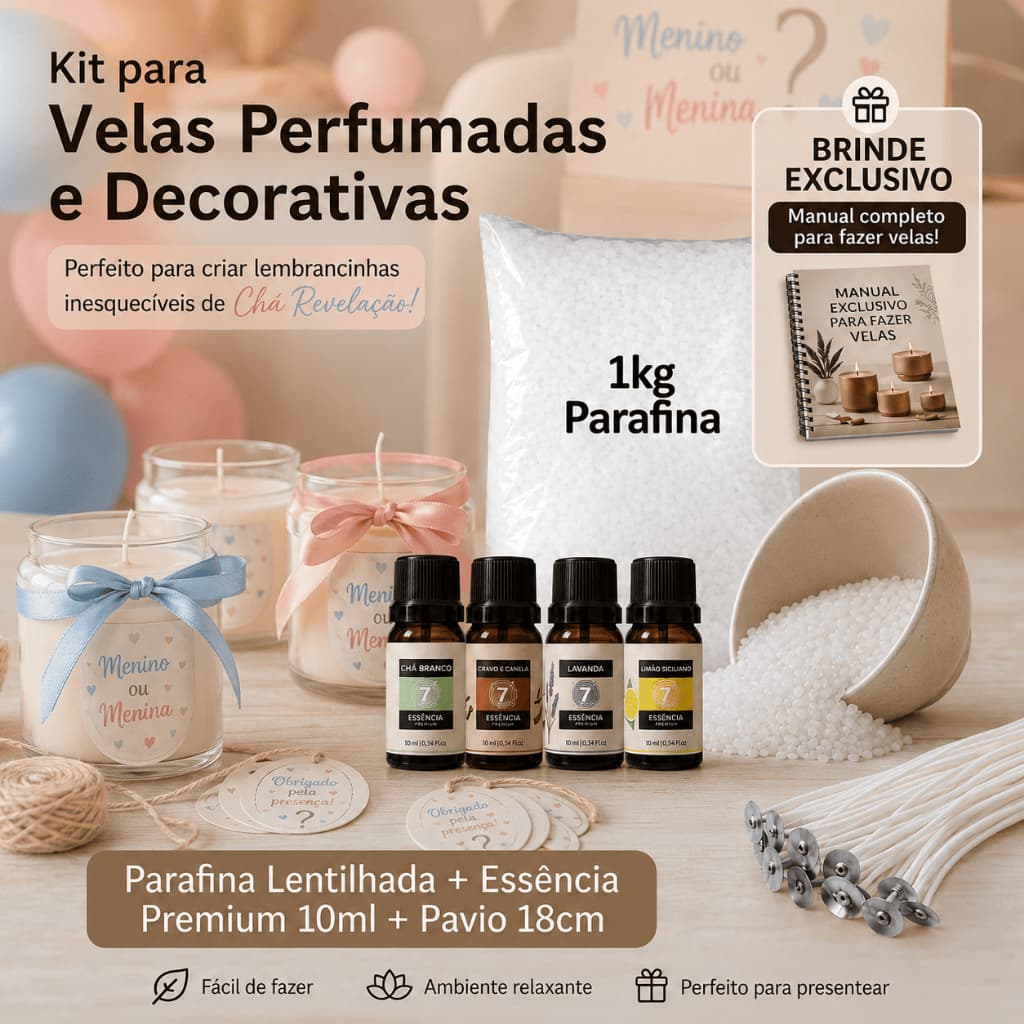 Kit Velas Perfumadas Artesanais - Lembrancinha Chá Revelação / Bebê - Parafina1Kg + Essência + Pavio