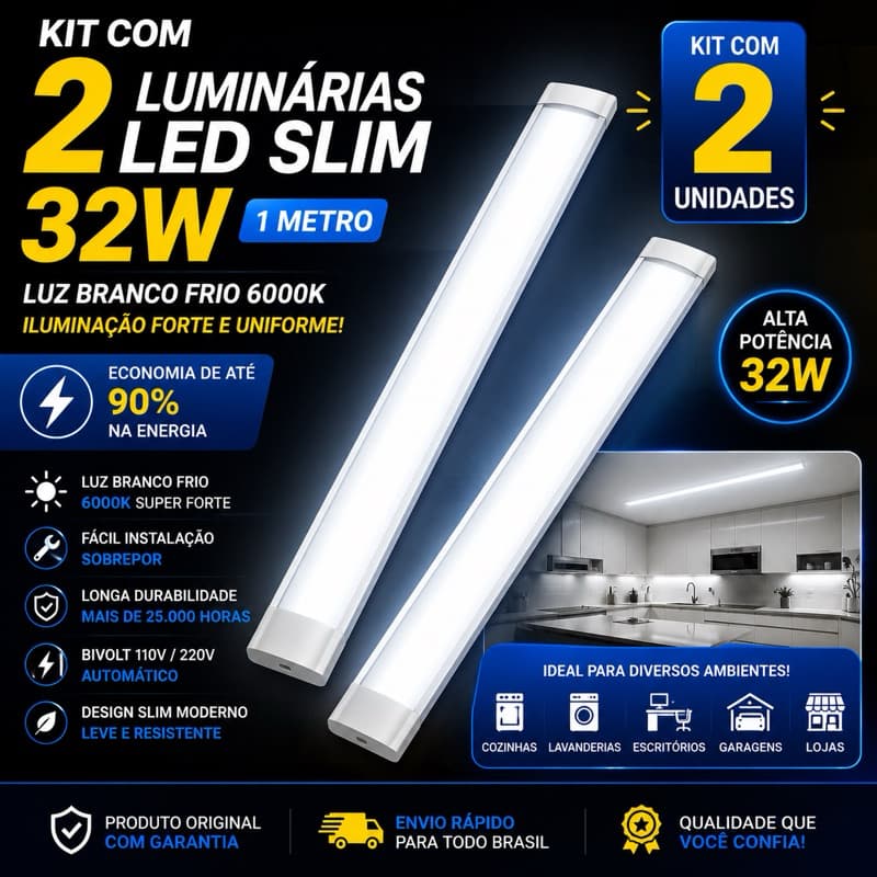 Luminaria Tubular Led Slim 32w 100cm 6500k Branco Frio Bivolt 110v/220v Kit Econômica Alta Potência