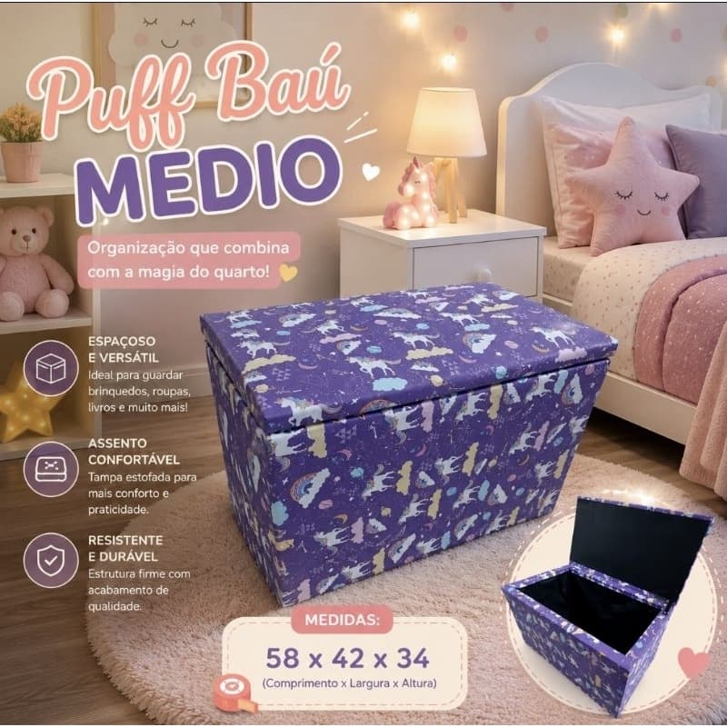 Puff Baú Médio Decorativo Organizador Quarto Brinquedo Obejtos