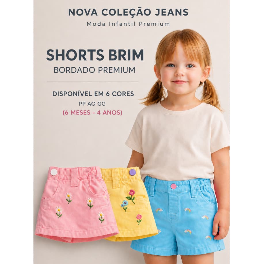 Short Infantil Menina Jeans Brim Bordado Colorido Premium Cintura Elástica - 1ano a 5 anos - 16 Cores