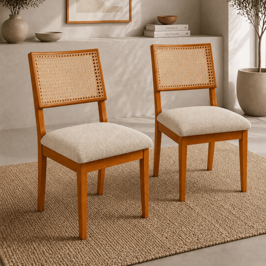 KIT 2 CADEIRA DE MADEIRA ERGONOMICA COM ENCOSTO EM RATAN NINA LINHO BEGE