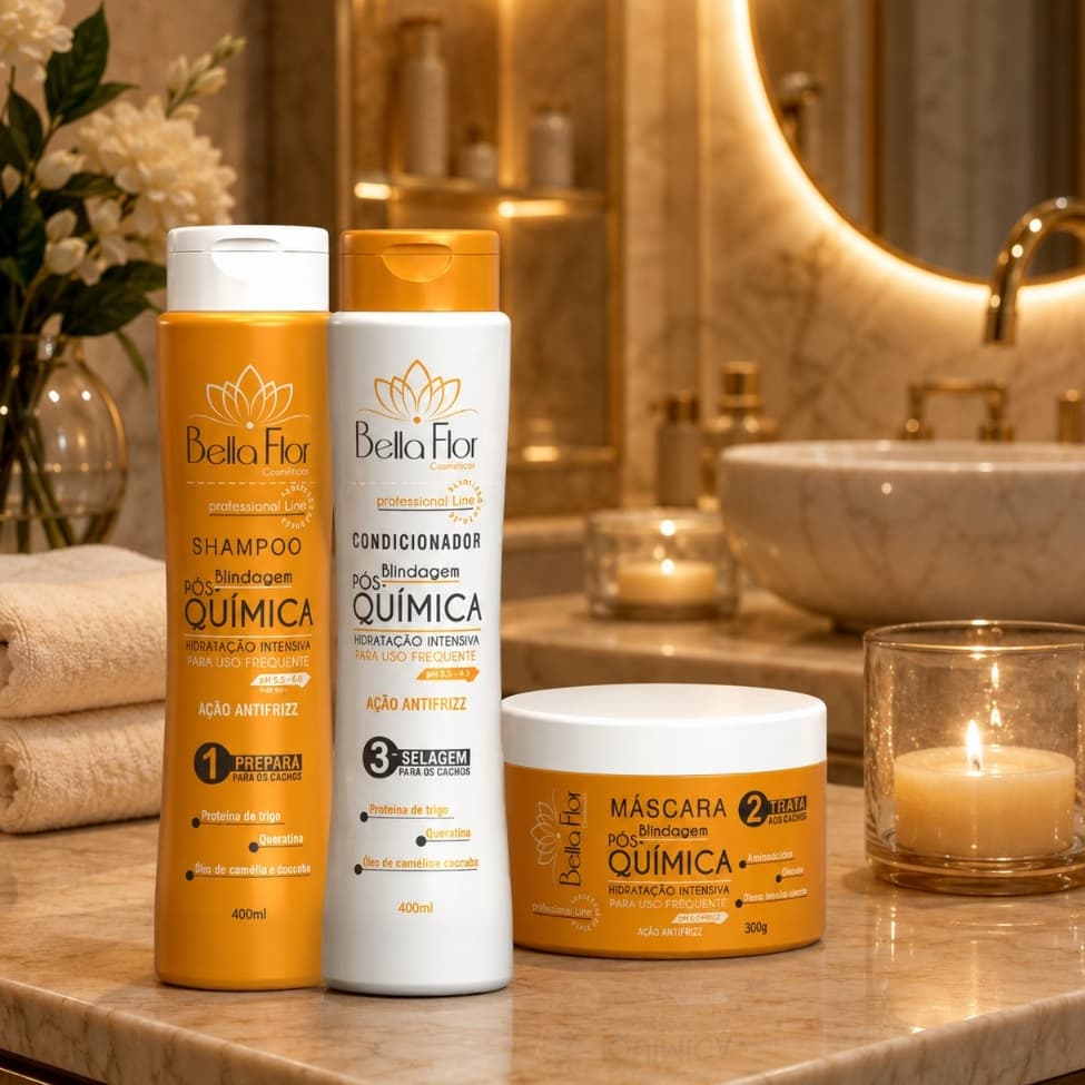 Kit Capilar Pós-Química 3 Produtos Shampoo Condicionador Máscara Bella Flor Hidratação Reparação Profissional