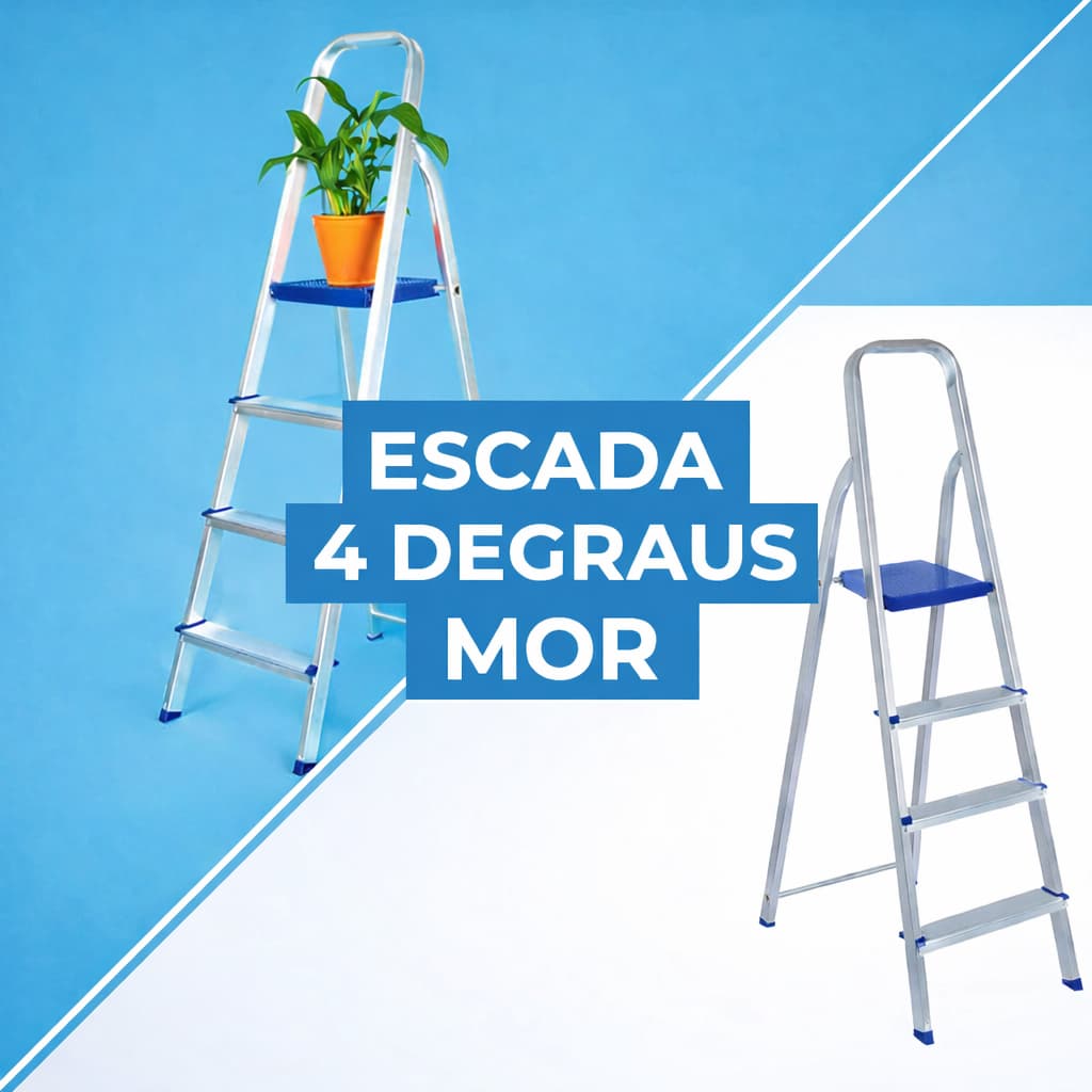Escadinha Alumínio 4 Degraus MOR Prateado e Azul