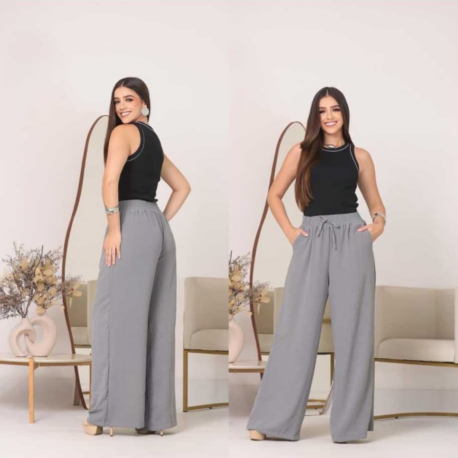 Calça Pantalona Feminina Elástico Na Cintura Com Bolso Cintura Alta Tecido Duna Tendencia