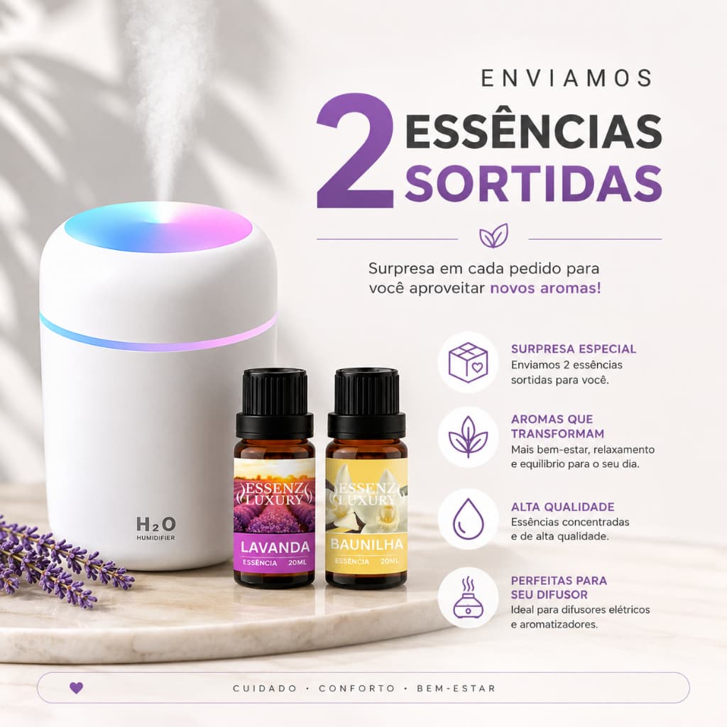 Kit Umidificado Branco Led Rgb 300ml Capacidade + 2 Essências de 20ml - Difusor Aromatizador Premium