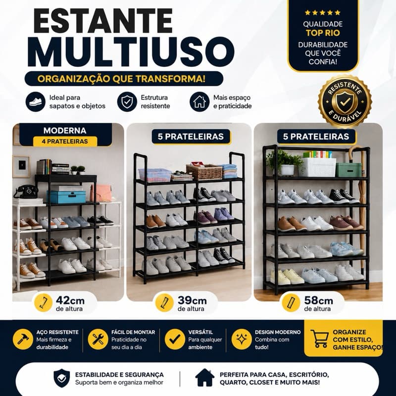 Estante Multiuso Sapateira 5 Prateleiras + Organizadora Moderna Preta, Promoção Oferta