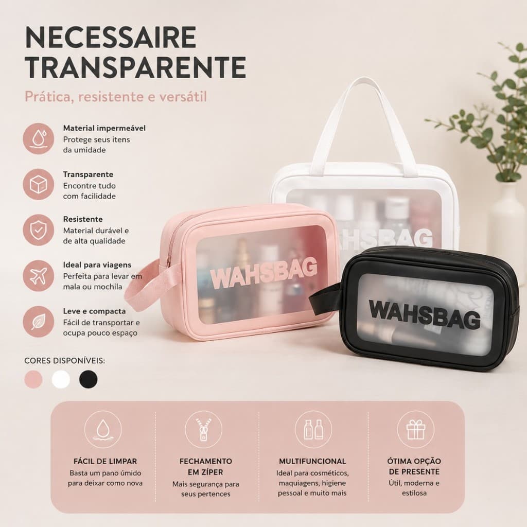 Kit 3 Necessaires Transparentes Impermeáveis Wahsbag Bolsa Organizadora Viagem Maquiagem Academia