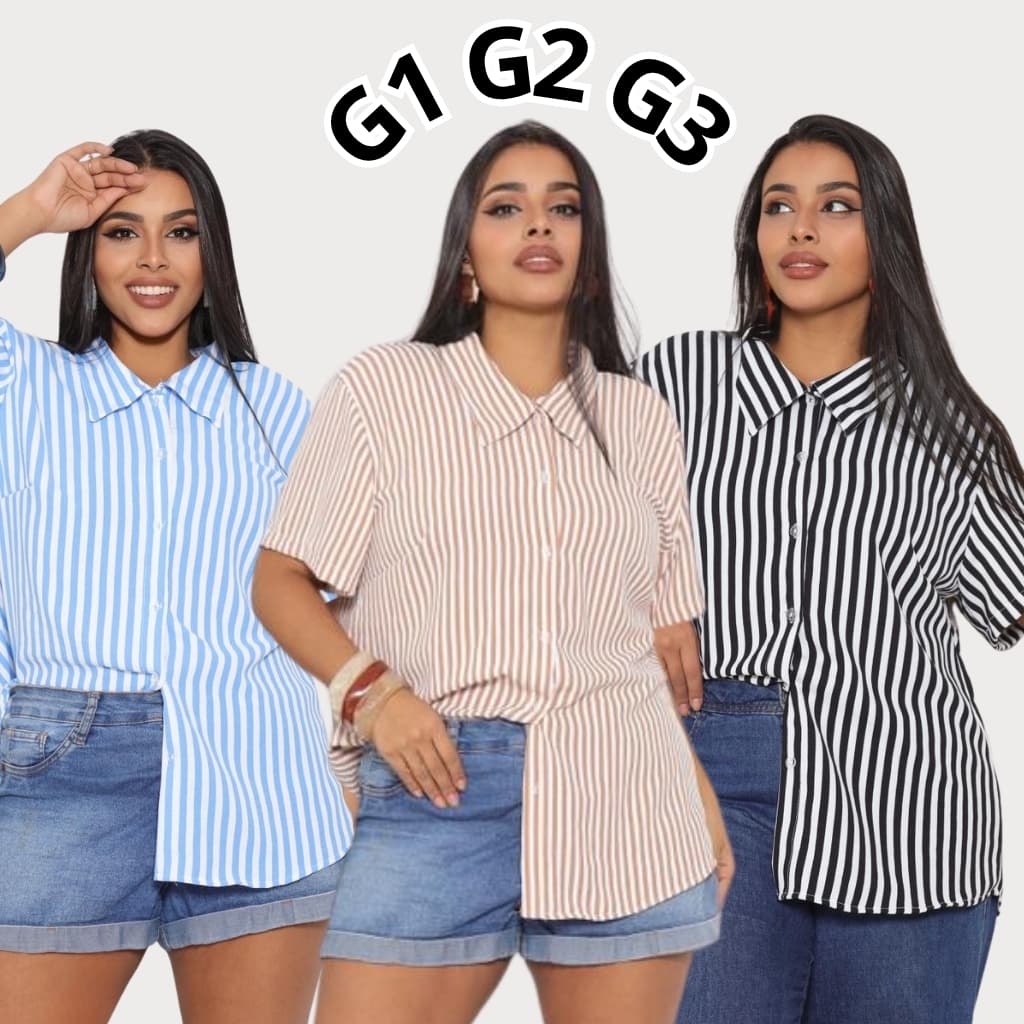 Camisa Listrada Plus Size Feminina G1 G2 G3 Tecido Duna Premium Manga Curta Elegante Versatil Moda 2026
