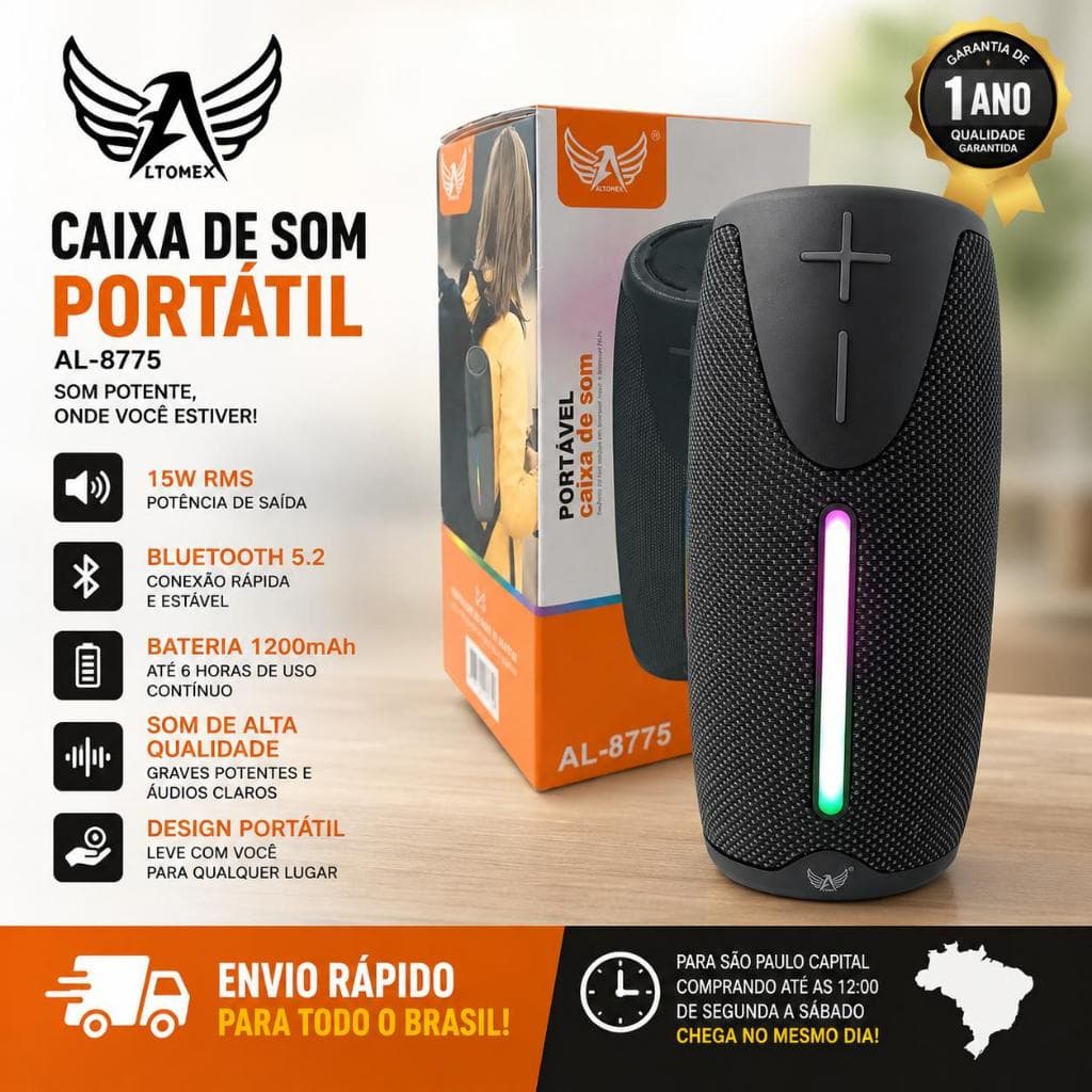 Caixa De Som Bluetooth Altomex 15W RGB Portátil Bateria 6h Bluetooth 5.2 Entrada USB P2 Cartão SD top