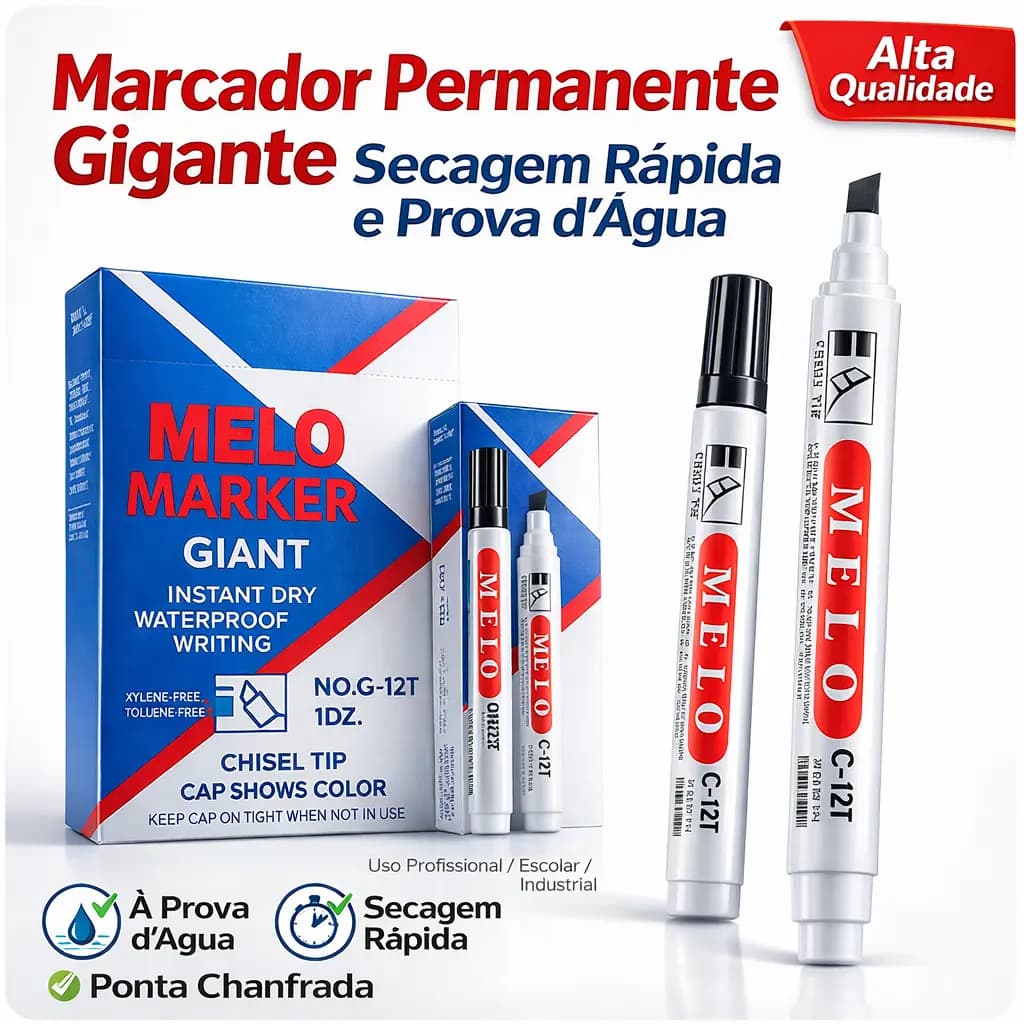 Kit 12 Canetas Permanente Preta MELO à Prova D'água Ponta Chisel Marcador de Alta Resistência
