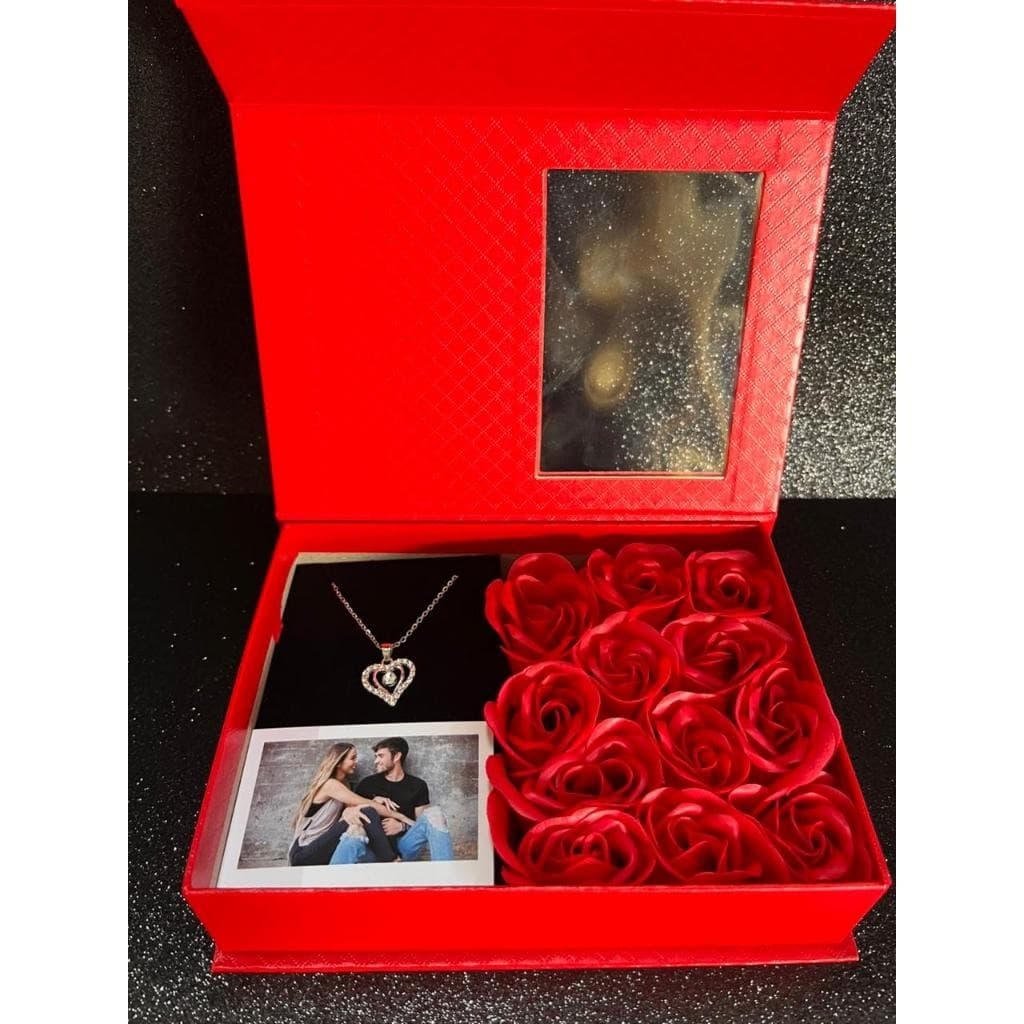 Caixa Romântica com Colar e Rosas + Mini Foto Personalizada Presente Dia dos Namorados