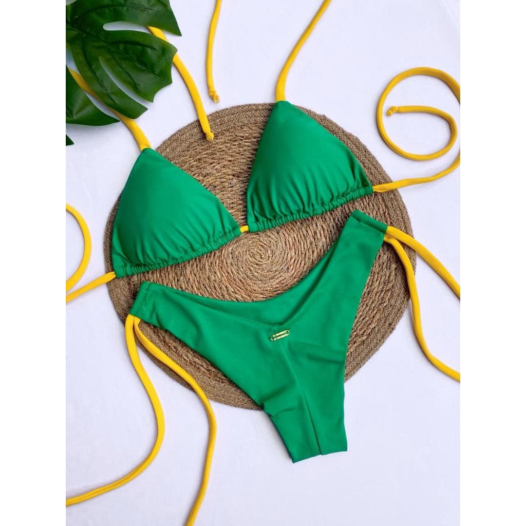 Conjunto Biquini Brasil Top Cortininha e Calcinha Fio Duplo de Amarração Lateral.