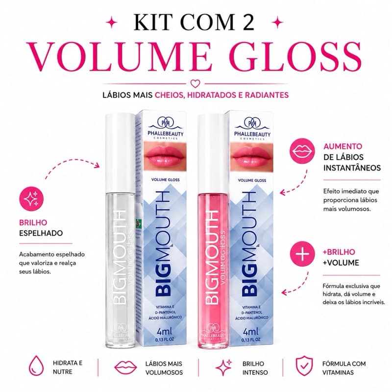 Kit Gloss Labial - 2 Gloss ou 1 - Volume Labial em tempo recorde