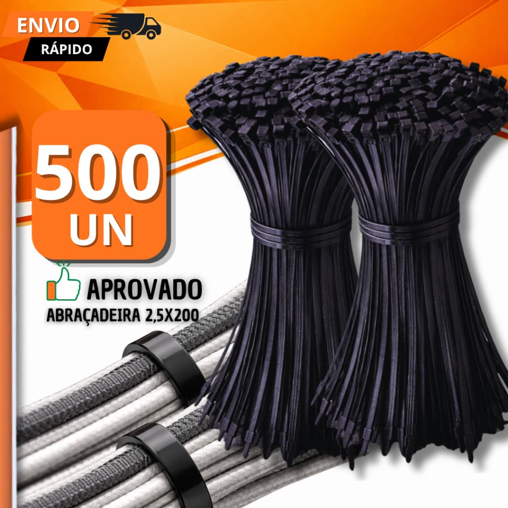Kit 500 Abraçadeiras Nylon Enforca Gato Preto 200mm x 2.5mm Cinta Plástica Resistente Organizador