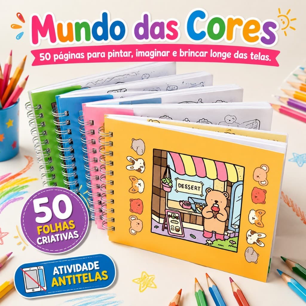 Livro Infantil Para Colorir Mundo das Cores 50 Folhas Desenhos Variados Atividade Educativa