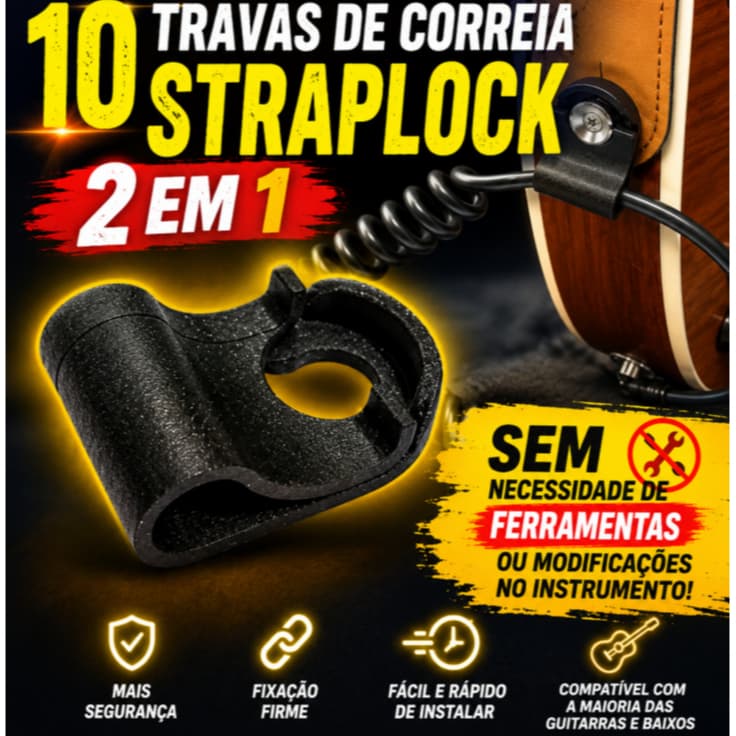 Kit 10 Travas de Correia Straplock 2 em 1 - Segurança para Guitarra e Organizador de Cabo P10