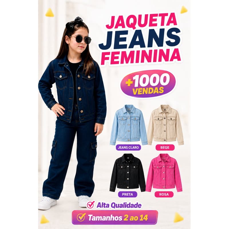 Jaqueta Jeans Infantil Feminina Menina Casaco Jeans Juvenil Azul Claro Escuro Preta Bege Infantil