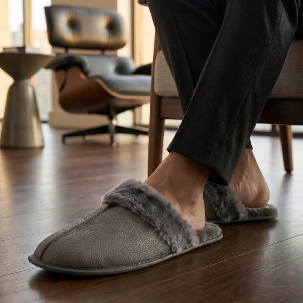 Pantufa Masculina Couro Original Lã Premium Solado Borracha Antiderrapante Quentinha Conforto Top