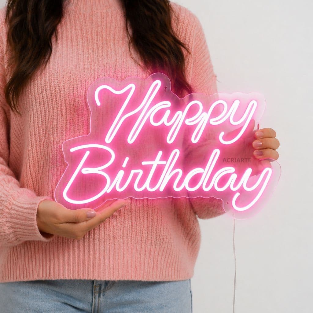 Painel de LED “Happy Birthday” na cor Rosa, Decoração Festas, Aniversários